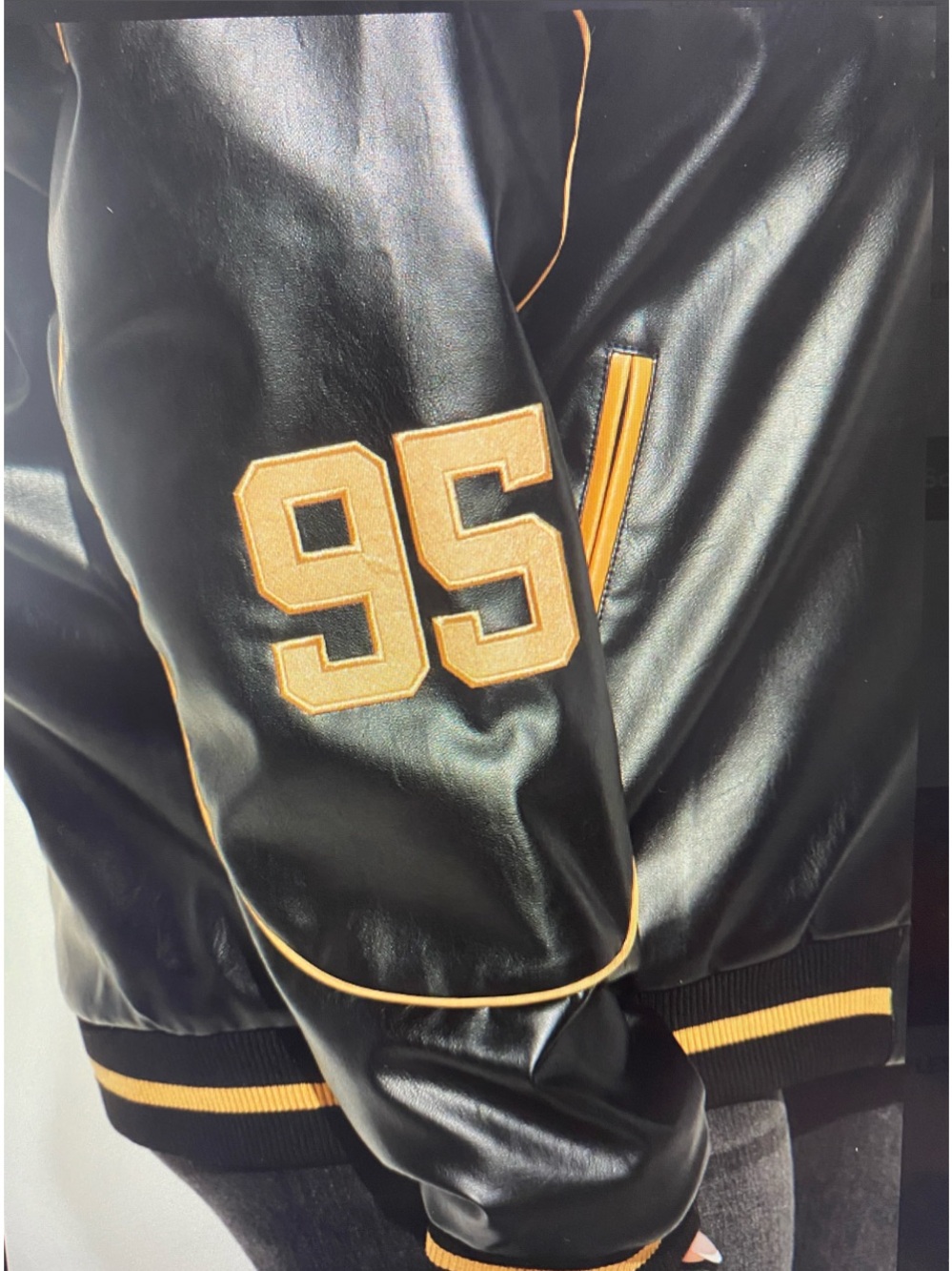 NWT Fashion Nova Black Varsity Faux Leather Jacket with Gold Trim - Picture 13 of 14